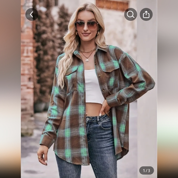 Tops - Women's Flannel Button Down Shirt Brown & Mint Green NWT